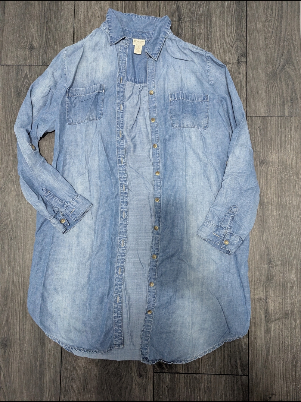 Light Blue Chico's Women's Denim Button-Up Shirt Size 1